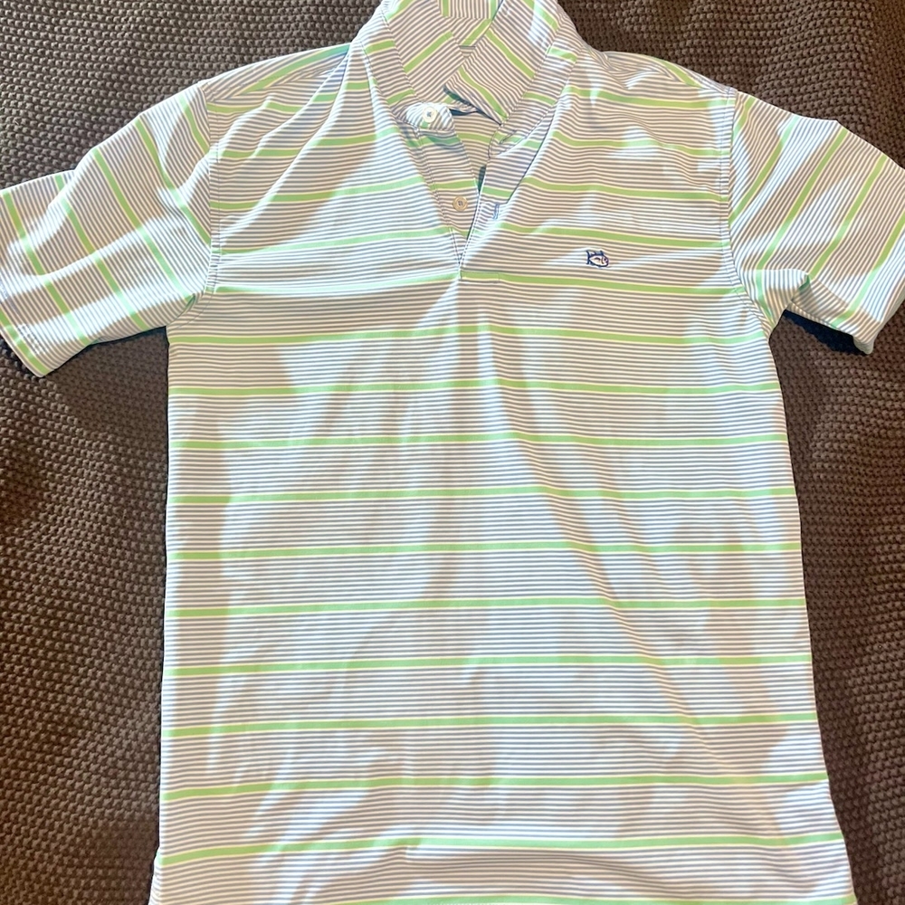 Southern Tide Green and White Striped Polo